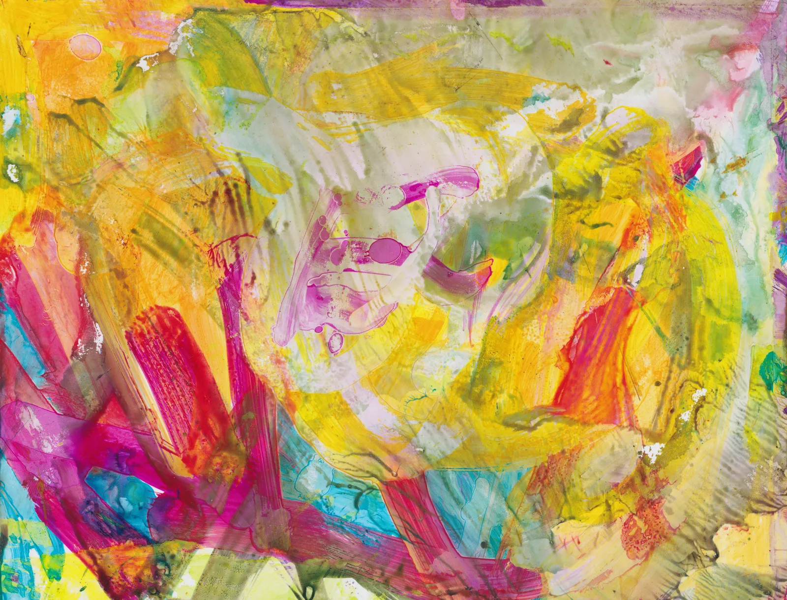 Abstract with a ring of yellow brushstrokes around a pale centre holding small pink marks, crossed by magenta and red stripes at lower left with flecks of turquoise