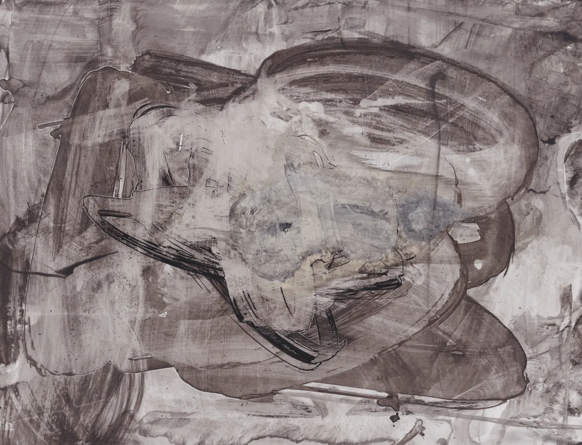 Grey-brown ink abstract: a large dark rounded shape like a tilted bowl, outlined in heavy strokes and crossed by thin scratched lines on a smoky grey ground