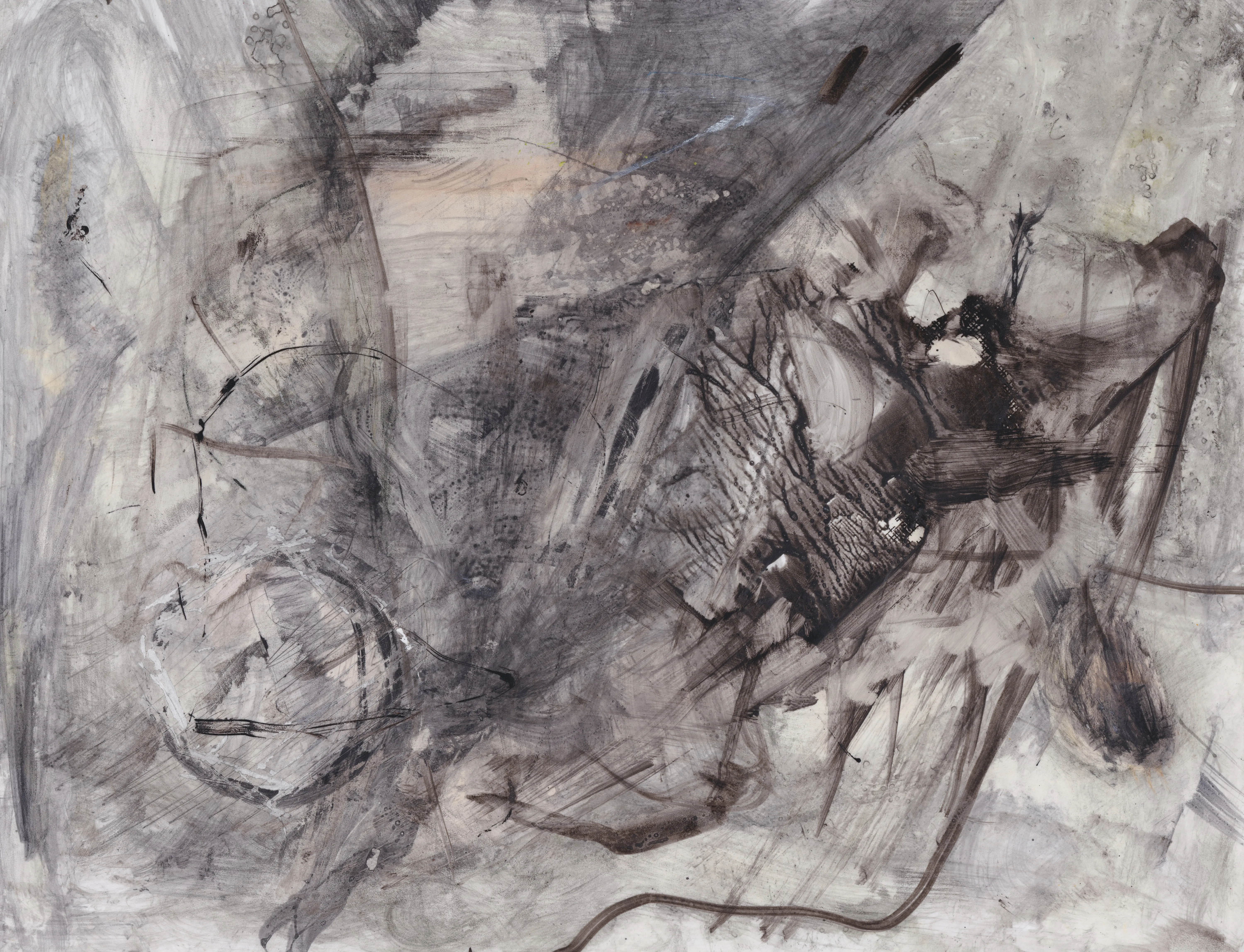 Grey and black ink abstract: a dense dark tangle of hatched strokes across the middle, a faint circle at lower left and a thin dark line curving along the bottom on pale grey